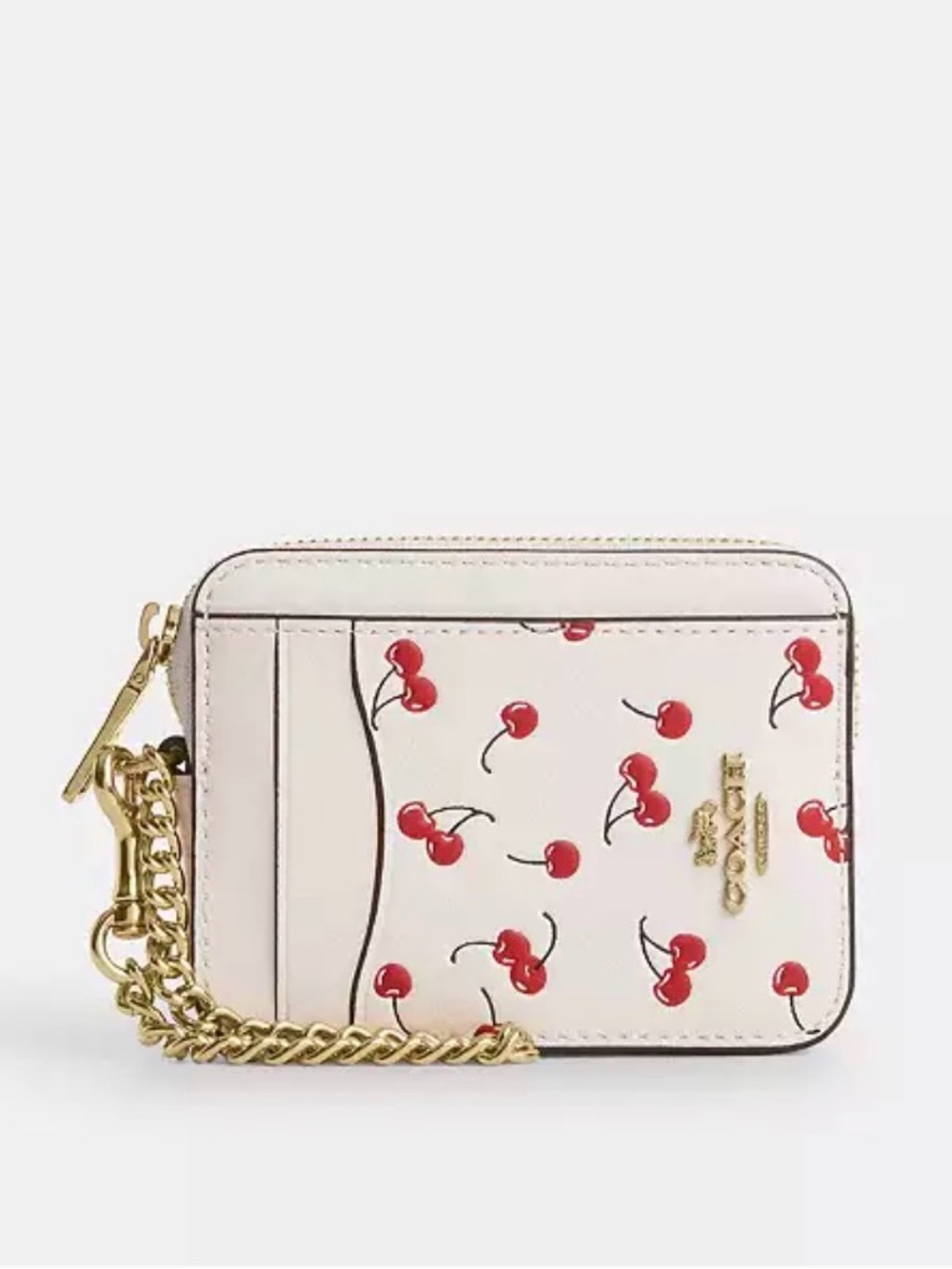 Coach Cherry-Print Mini Card Case Wallet in cream white with Gold Chain